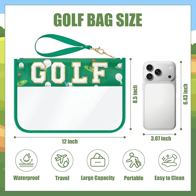 BuyCard Golf Gifts Makeup Bag with Chenille Letter Patch, Clear Cosmetic Pouch PVC Organizer Purse, Waterproof Travel Bag, Portable Toiletry Storage Bag for Her Friends