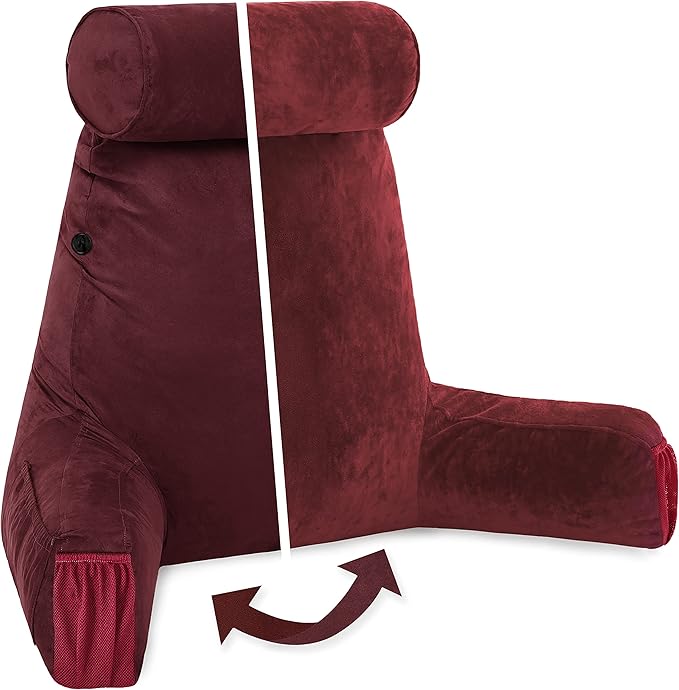 Husband Pillow Medium Aspen Edition Arizona Maroon, Sit Up Reading & Bed Rest with Arms, Ultra-Comfy, Detach Neck Roll - Premium Shredded Memory Foam Backrest, Reverses to Micro: Suede or Plush