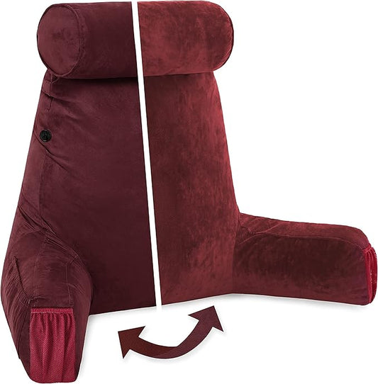 Husband Pillow Medium Aspen Edition Arizona Maroon, Sit Up Reading & Bed Rest with Arms, Ultra-Comfy, Detach Neck Roll - Premium Shredded Memory Foam Backrest, Reverses to Micro: Suede or Plush