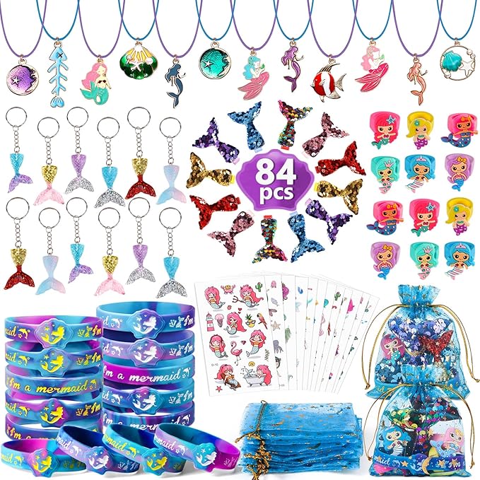 Golray Mermaid Party Favors Birthday Supplies Girls, Necklace Silicone Bracelet Gift Bag Sticker Keychain Ring Hairpin, Pinata Filler Goody Bag Stuffer Classroom Prize Kids Little Mermaid Party Decor