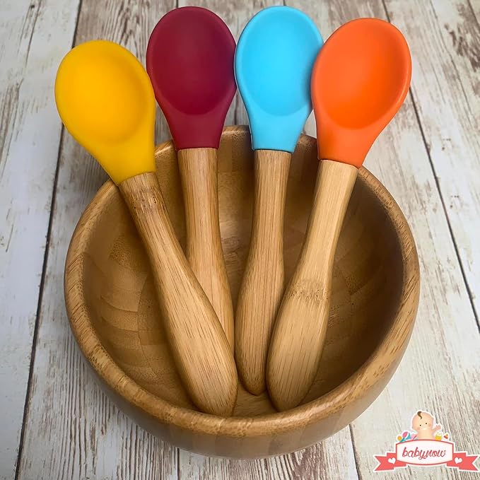 Baby Spoons Bamboo Feeding Spoon 5.5" with Silicone Tip BPA Free Toddler Food Spoons Yellow 2 PACK