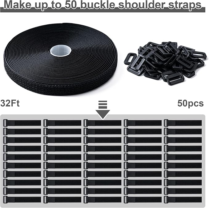 0.8" x32Ft Hook and Loop Straps with 50 Plastic Buckles, Adjustable Fastening Cable Straps, Free Cut Length, Reusable Nylon Cable Ties for Organizer or Storage, Black