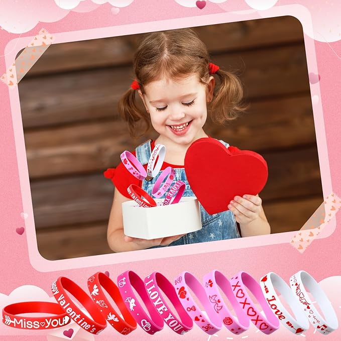 300 Pieces Valentines Day Wristbands - Silicone Bracelets - Red Pink Love Heart Accessories - Gift for Valentines Day Party Decoration Party Favors School Gifts Supplies