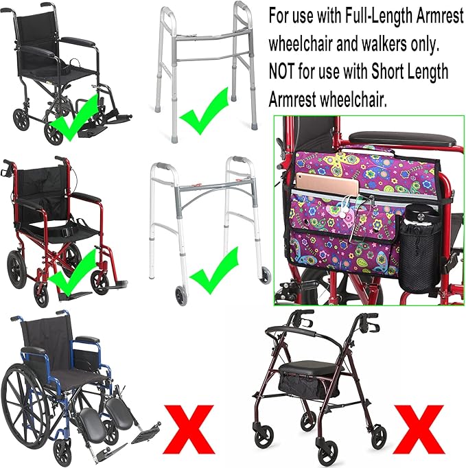 Wheelchair Storage Bag, Double-Sided Armrest Pouch with Cup Holder and Reflective Strip, for Wheelchairs and Walkers (Purple Butterfly)