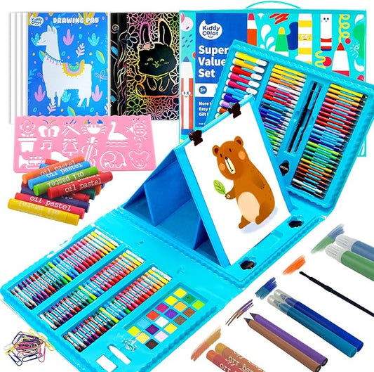 KIDDYCOLOR Kids Art Set, Drawing Art Supplies for Girls & Boys Ages 4-8 with Watercolor Cakes, Oil Pastels, Colored Pencils, Ideal Gift for Young Artist, Blue-217pcs