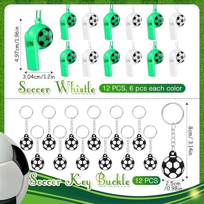 120 Pieces Sport Party Favors Set, Soccer Basketball Football Baseball Goodie Bag Fillers, Toy Whistle Silicone Bracelet Luminous Tattoo Sticker Keychain for Sports Party Supplies (Soccer Style)