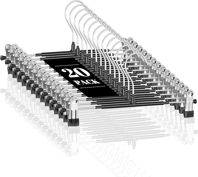 20 Pack 14Inch Heavy Duty Pants Skirt Hangers with Clips,Metal Trousers Hanger for Jeans Black Non Slip Women Shorts Hangers Saving Space Clothing Hanger for Adult,Men,Children,Kid,Baby