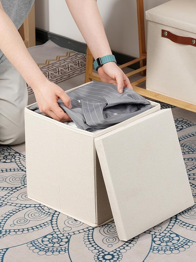 Temary Foldable Fabric Storage Bins with Lids, 2-Pack Storage Bin for Organizing Living Room, Closet Organization, Multi-Purpose Storage Boxes for Clothes (Beige, 10.5x10.5x10.5 inch)