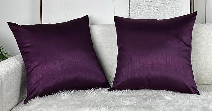 Aiking Home 18x18 Inches Faux Silk Square Throw Pillow Cover, Zipper Closure, Eggplant (Set of 2)