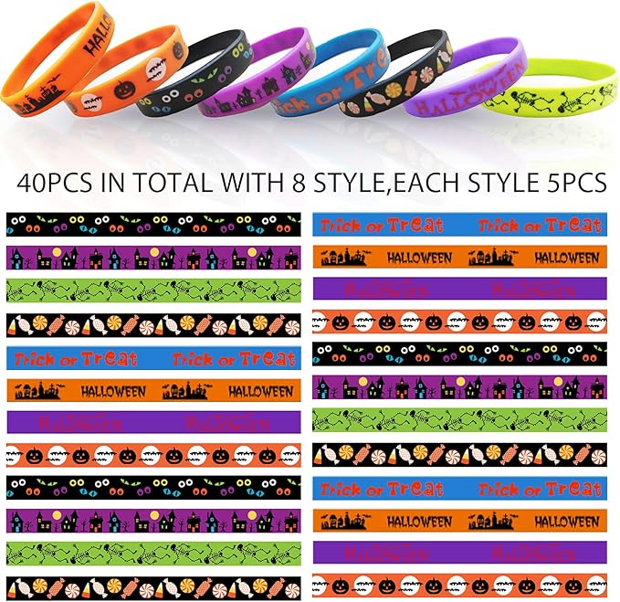 GuassLee Kids Halloween Party Favors Rubber Bracelets, 40pcs Halloween Silicone Wristbands and Cards for Kids Halloween Trick or Treat Gifts, Halloween Giveaways, Halloween Goodie Bag Fillers Supplies