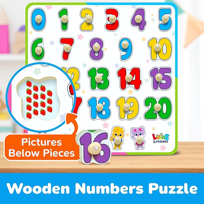 Number Puzzle for Toddlers Jumbo - Educational Wooden Montessori Toys, Fun Preschool Learning Activities for Boys and Girls, Learn to Count Puzzle Board for Ages 3 4 5 by Lucas & Friends