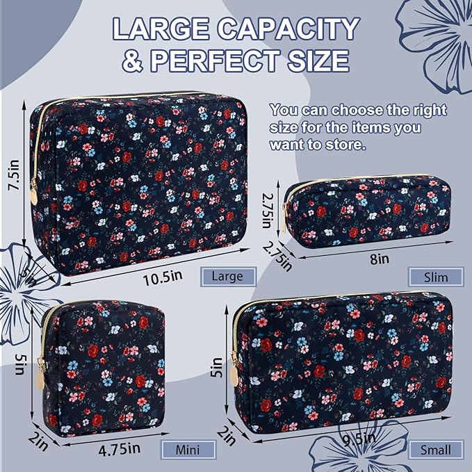 UIXIZQ Waterproof Small Floral Pencil Case Makeup Bag for Purse,Cute Flower Pencil Pouch Preppy Nylon Makeup Brush Holder with Zipper,Girls Portable Storage Case Pen Bag for Work(Slim Black-Flowers)