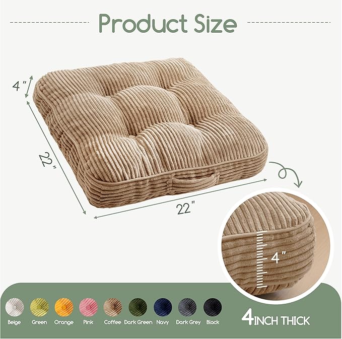 Washable Floor Pillow Cushion for Adults, Meditation Cushion Pillow, Large Square Floor Sitting, Removable Tufted Corduroy Cover, for Tatami Living Room or Yoga, 22x22 Inch, 2Pack, Machine Washable