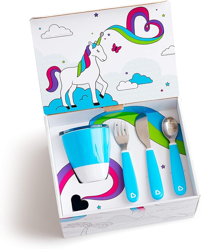 Munchkin® Color Me Hungry 7pc Toddler Feeding Supplies Set, Includes Plates, Bowl, Open Cup and Utensils in a Gift Box, Blue