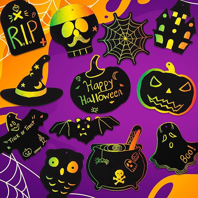 ArtCreativity Halloween Crafts (Bulk) - Scratch Art for Kids, 60 Sets with 60 Designs, 60 Sticks & Red Strings - Magic Colorful Scratch Art Party Favors, DIY Activity for Kids Classroom Decoration