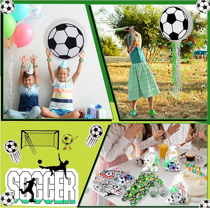 152 Pcs Ball Piñata Ball Party Supplies with Blindfold and Stick for Kids Birthday Party Decorations Foam Stress Balls Slap Bracelets Whistle Ball Favors for Boys Girls(Soccer)