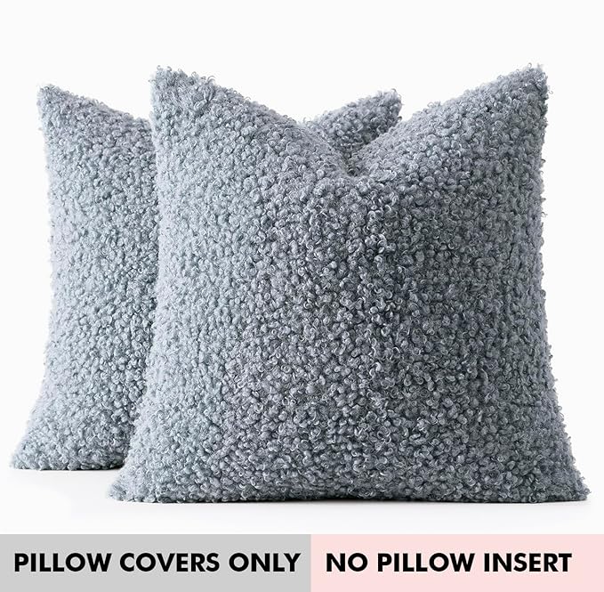Woaboy Faux Fur Throw Pillow Covers 18x18 Inch Set of 2 Boucle Neutral Decorative Sherpa Fuzzy Accent Soft Sheepskin Fleece Cushions Modern Home Decor for Sofa Bedroom Living Room,Coastal Dusty Blue