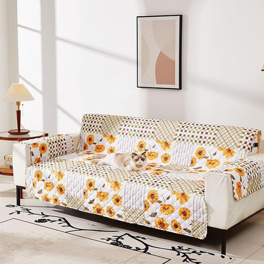 EVENHUG Sofa Cover for 3 Cushion Couch Patchwork Floral Sofa Slipcover Washable 3 seat Couch Cover Furniture Protector Cover with Elastic Straps for Pets Kids Dog Cat (Sofa,Yellow)