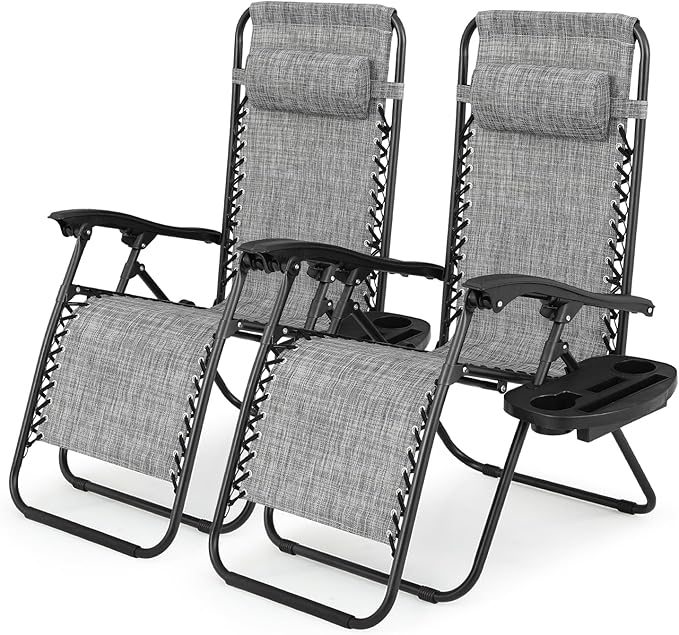 Athena Collection Zero Gravity Outdoor Lounge Chair Set of 2 with Cup Holder, 25" Width Pool Lounge Lawn Chairs Reclining, Outdoor Chaise for Beach Patio Backyard Outside, Dark Grey