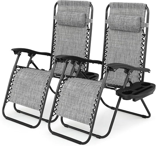 Athena Collection Zero Gravity Outdoor Lounge Chair Set of 2 with Cup Holder, 25" Width Pool Lounge Lawn Chairs Reclining, Outdoor Chaise for Beach Patio Backyard Outside, Dark Grey
