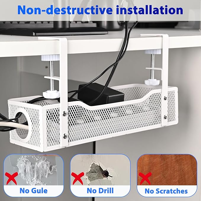 Under Desk Cable Management Tray Small – Clamp-Mounted Wire Organizer & Cord Management Under Desk Holder, No-Drill Metal Cable Tray for Home Office (White)