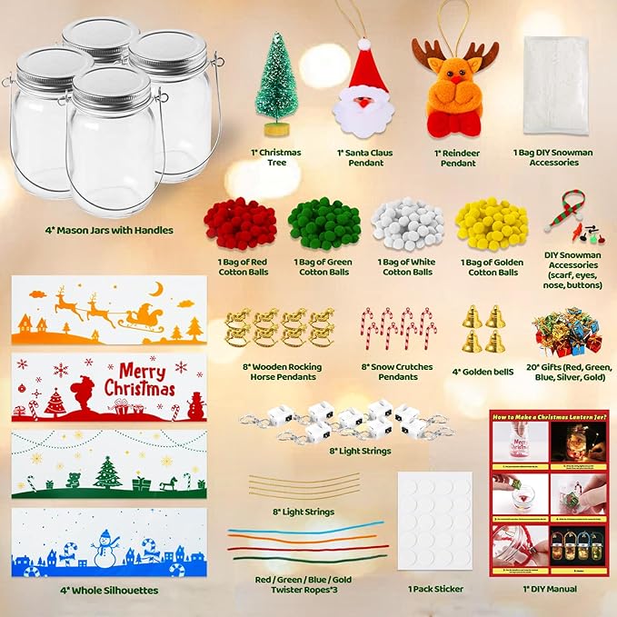 Christmas Craft Kits for Kids, 4PCS Christmas Mason Jar Kit with Accessories for Kids DIY Christmas Craft Supplies, Christmas Art & Craft Kits Xmas Activities Party Favor Gifts for Kids Aged 3-12
