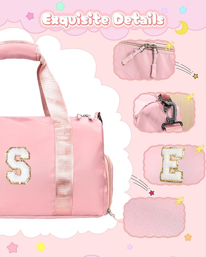 Gift for Teen Girls-Girl Gym Bag with Shoe Compartment, 5yr Old Girl Birthday Gift-Kid Weekender Overnight Bags, Initial Travel Tote with Makeup Pouch, Kids Birthday Gift (Letter V)