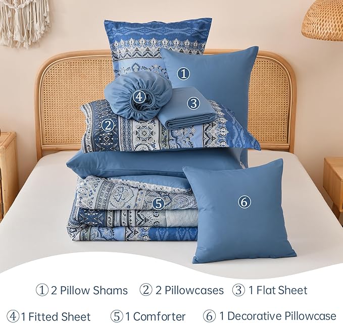 Cottolester Boho Comforter Set Queen Size,8 Pieces Blue and Grey Bohemian Striped Bed in a Bag,Paisley Soft Microfiber Bedding Comforter Set