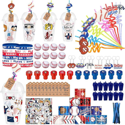 Baseball Party Favors 170 Pcs Baseball Birthday Party Decoration With Cups Straws Slap Bracelets Whistles Stress Balls Wristbands Keychains Stamps Stickers Thank you Tags(Baseball)