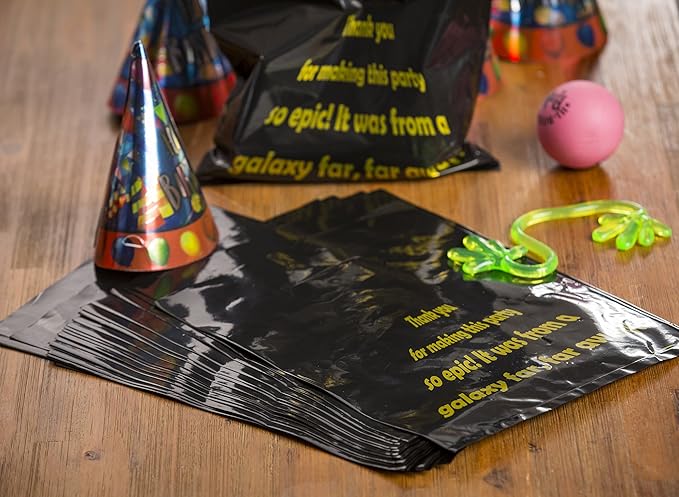 L LIFETIME Party Favor Plastic Goodie Bags with Handles- Theme Birthday Supplies Gift Bag for Kids and Adults – Galaxy (24 Pack)