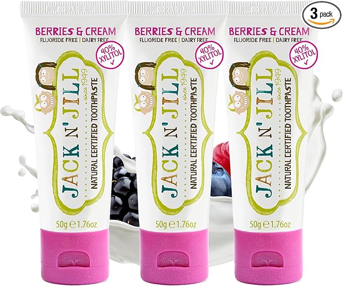 Jack N' Jill Natural Toddler Toothpaste for Baby, Kids and Infants 6 Months & Up, Fluoride Free Training Toothpaste for Toddlers 1-3 (1.76 Fl Oz (Pack of 3), Berries & Cream)