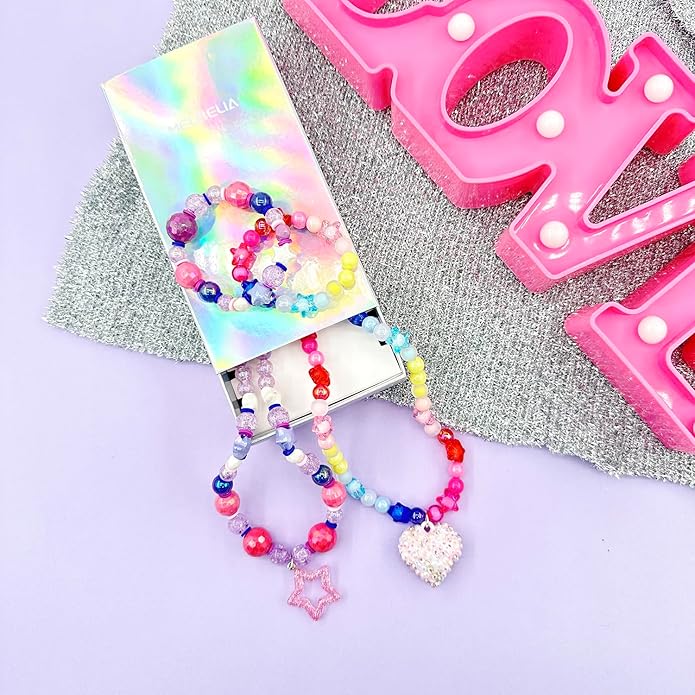 Kids Jewelry for Girls, Toddler Jewelry, 2 Sets Girls Jewelry Beaded Necklace and Beads Bracelet for Little Girls Kids Toddler, Little Girls Jewelry Set, Favors Bags for Girls