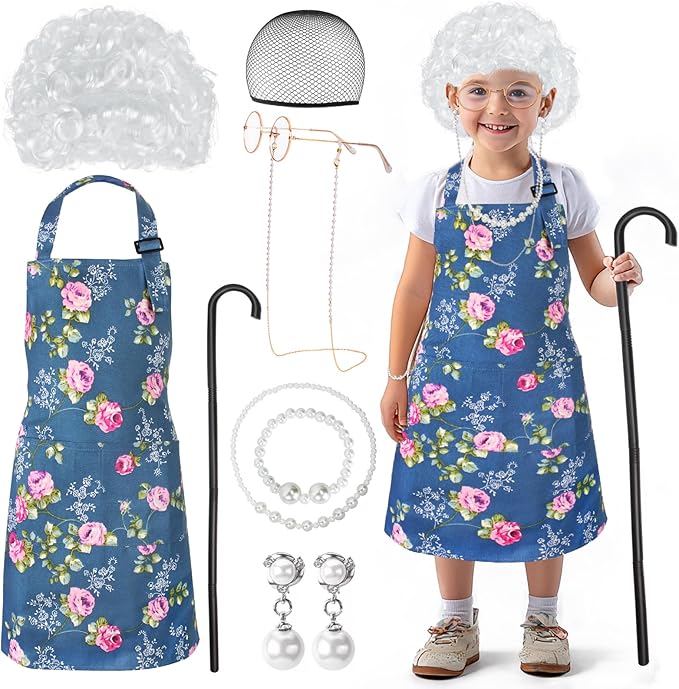 Kyson Girls Old Lady Costume for Kids 9 Pcs 100th Days of School Granny Wig Apron Outfit Halloween Dress Up Accessories