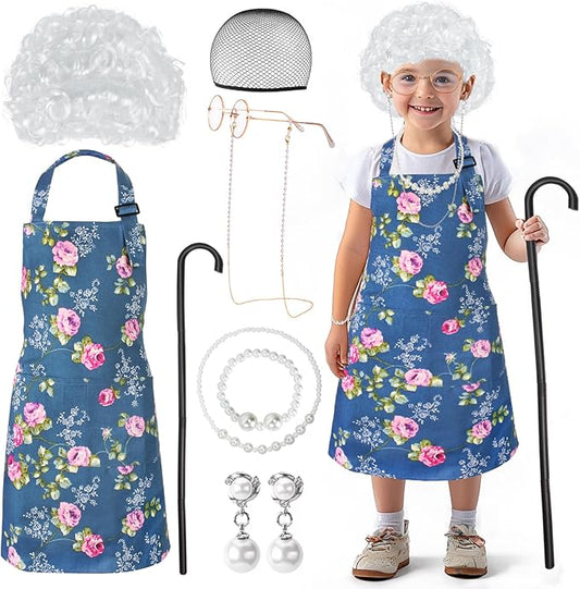 Kyson Girls Old Lady Costume for Kids 9 Pcs 100th Days of School Granny Wig Apron Outfit Halloween Dress Up Accessories