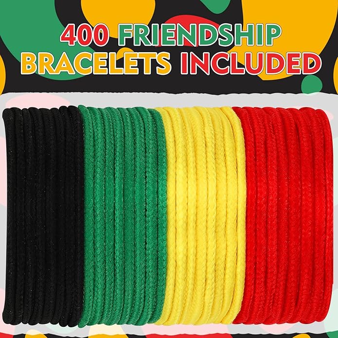 Kigeli 400 Pieces Black History Month Friendship Bracelets Bulk Neon Rope Bracelets in 4 Assorted Colors Adjustable Green Red Gold Bracelets Rope Woven Bracelets for Black History Month Party Decor