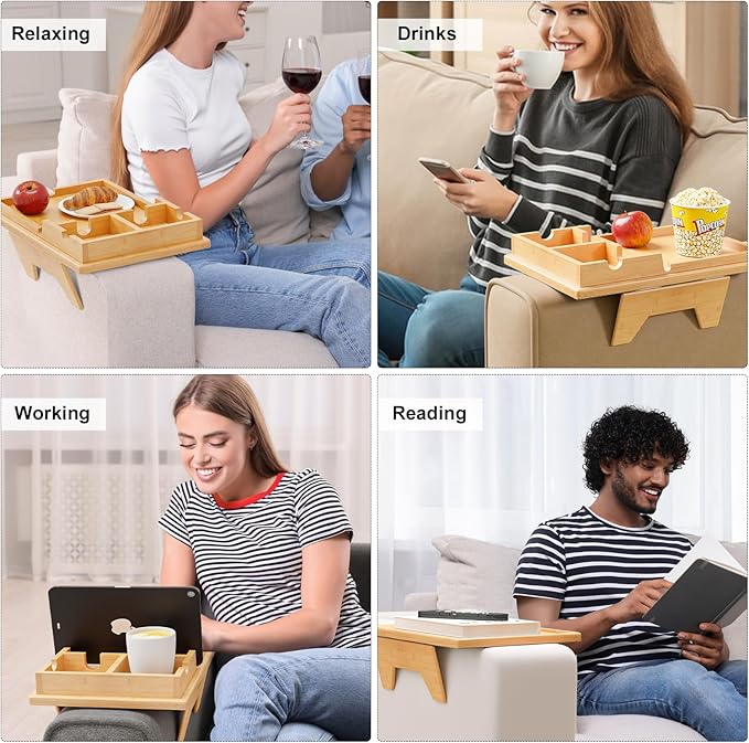 Bamboo Couch Cup Holder Tray - 2 in 1 Couch Armrest Table with Be Slide-Away Detachable Double Holder - Sofa Armchair Caddy for Drinking Snacks iPad TV Remote