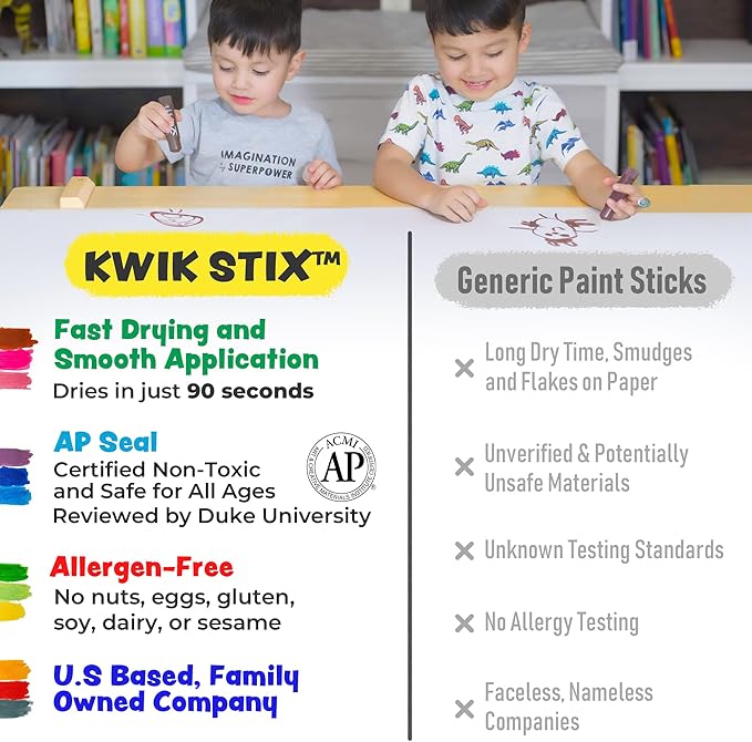 Kwik Stix Cuties Washable Paint Sticks for Kids & Toddlers, 12 Non-Toxic Colors, Quick-Drying, Allergen-Free, Solid Tempera with Cute Caps
