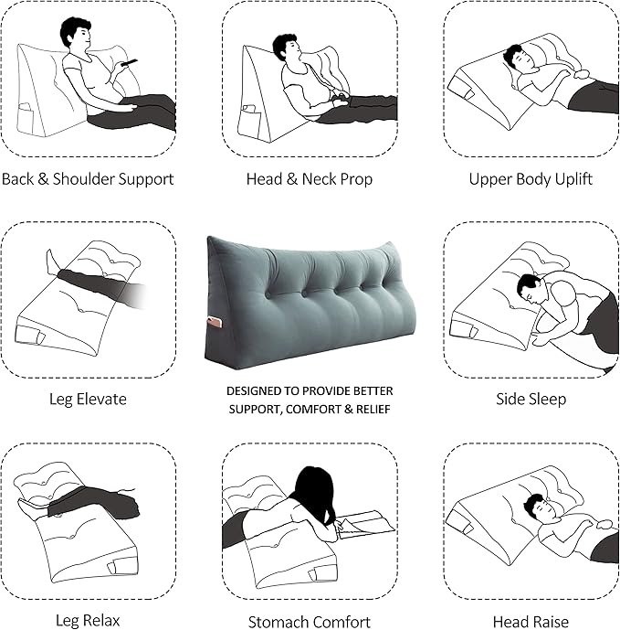 Bed Wedge Pillow for Headboard Large Bolster Pillow Reading Pillows for Sitting Up in Bed Adult, Triangular Backrest Cushion Book Pillows for Daybed Couch Support Upholstered（LightGray, Twin）