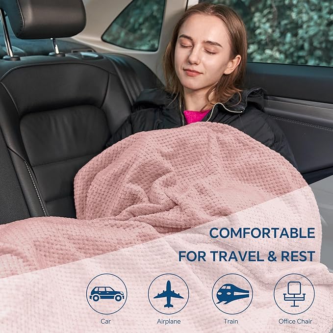 BEDELITE Travel Blanket with Bag, Ultra-Soft Jacquard Fleece Blanket with Luggage Sleeve & Backpack Clip, Airplane Blanket Travel Essentials, Pink
