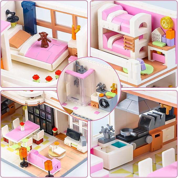 Friends Duplex Apartment Building Block Sets, Mini Pink Dream House Kitchen Home Cottage Collectible Display Modular Decor Bricks Kits Birthday Gifts Ideas for Adults Teens 8-12 14+ (1221 PCS)