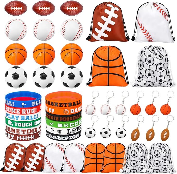 LEIFIDE 48 Pcs Basketball Soccer Football Baseball Party Favors Supplies 12 Silicone Bracelet 12 Drawstring Treat Bag 12 Mini Stress Ball 12 Keychains for Birthday Sports Party Supplies (Mixed Style)