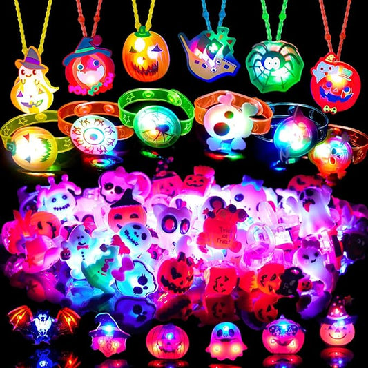 Halloween Party Favors for Kids - 42 PCS LED Halloween Light Up Toys including Necklaces Rings Bracelets Brooches,Glow in the Dark Halloween Decorations,Halloween Treats Non Candy Goodie Bag Fillers