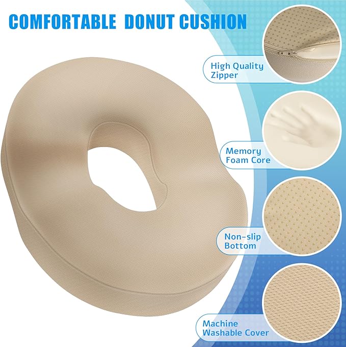 BlissTrends Donut Pillow Seat Cushion, Donut Chair Cushions for Postpartum Pregnancy & Hemorrhoids, Tailbone Pain Relief Cushion, Memory Foam Lifting Cushions for Office & Home Chairs (Khaki, X-Large)