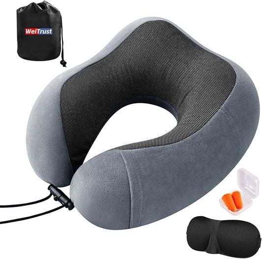 WeiTrust Airplane Pillow, Travel Neck Pillow with Memory Foam - Adjustable Buckle & Machine Washable Cover for Neck Support, Includes Eye Mask & Ear Plugs (Grey)