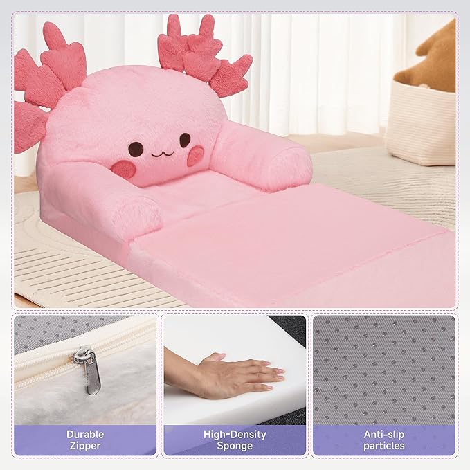 MONKISS 2-in-1 Toddler Couch Chair Comfy, Kids Chair Couch, Mini Couch, Flip Out Sherpa Kids Sofa, Baby Couch, Chair for Toddlers 1-3, Kids Lounge Chair Reading Chair, Kids Couch Bed Fold Out, Axolotl