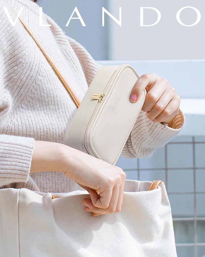 Vlando Travel Makeup Bag,Small Makeup Pouch Cosmetic Bag for Women Makeup Organizer Bag Gifts for Women Girlfriend Teacher Mom Brithday Gifts-White