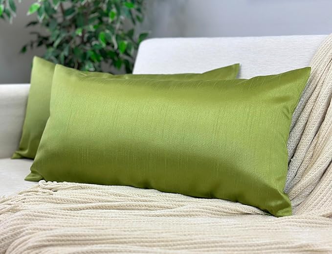 Aiking Home 12x24 Inches Faux Silk Rectangular Throw Pillow Cover, Zipper Closure, Green (Set of 2)
