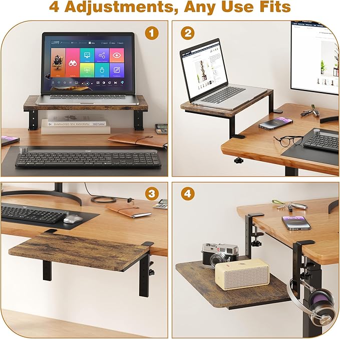 Desk Extender, 15-inch Clamp-On Desk Shelf, Height-Adjustable Desktop Shelf Organizer for Monitors Office and Gaming Accessories, Arm Support Table Extension, 44lbs Heavy Duty, Darkbrown