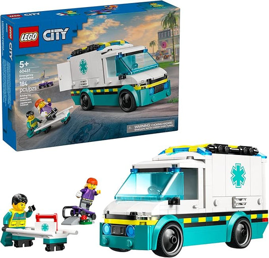 LEGO City Emergency Ambulance Toy - Building Sensory Toy for Kids, Boys and Girls, Ages 5+ - Educational, Learning Gift Idea for Birthdays and Holidays - Skateboarder and Driver Minifigures - 60451