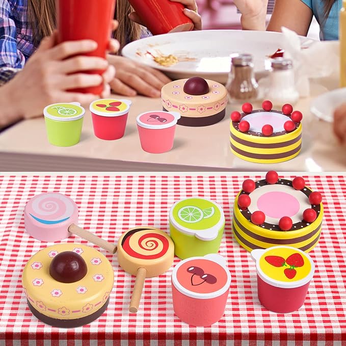 8 PCs Wooden Play Food for Kids Kitchen, Pretend Play Food Wooden Dessert Play Set for Kids, Toddler Toys for 2-4 Year Old Girls Boys Christmas Birthday Gifts